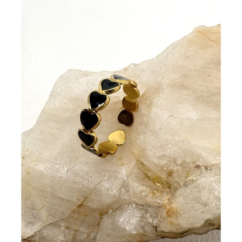 18K Gold Plated Heart Enamel Band Ring Size 7 Open Adjustable Black Hearts Cute